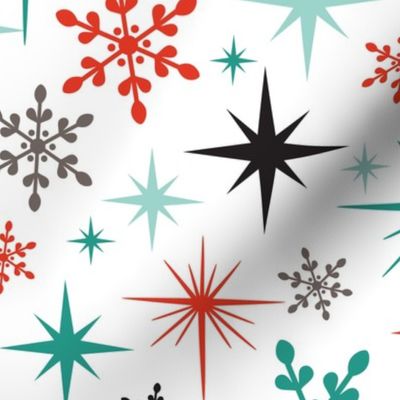 Stardust  - Retro Christmas Snowflakes and Stars - Winter White Multi Large Scale