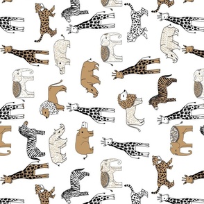 jungle nursery fabric  // animal nursery giraffe elephant cheetah nature safari white lion brown