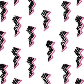 Comic retro style electric lightening bolt and thunder storm lit pop art style eighties kids print neon pink black on white polka dots