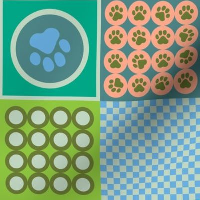 Postmodern Pet Paw Prints Checkerboard Geometric in Olive Green Blue Blush - MEDIUM Scale - UnBlink Studio by Jackie Tahara