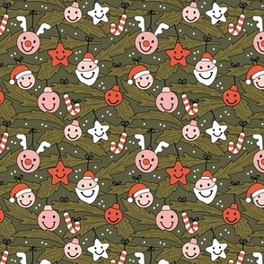 Happy holidays smiley christmas with smileys candy canes mistletoe and tree branches vintage red pink blush on pine green SMALL