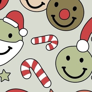 Happy holidays smiley christmas with smileys stars happy santa claus candy cane and reindeer vintage orange red mint sage green LARGE