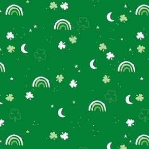 St Patrick rainbows stars and clover leaves - lucky Irish themed holiday theme on jade green