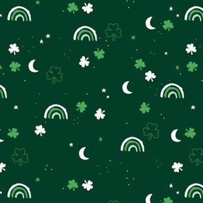 St Patrick rainbows stars and clover leaves - lucky Irish themed holiday theme on jade on pine green