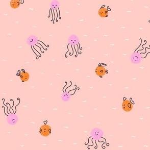 Polka Dots Little Fishes and Squids Doodle | Pink and Orange