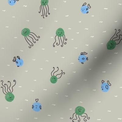 Polka Dots Little Fishes and Squids Doodle | Green and Blue