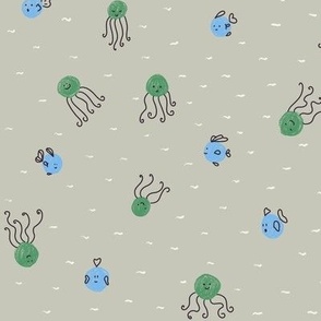 Polka Dots Little Fishes and Squids Doodle | Green and Blue