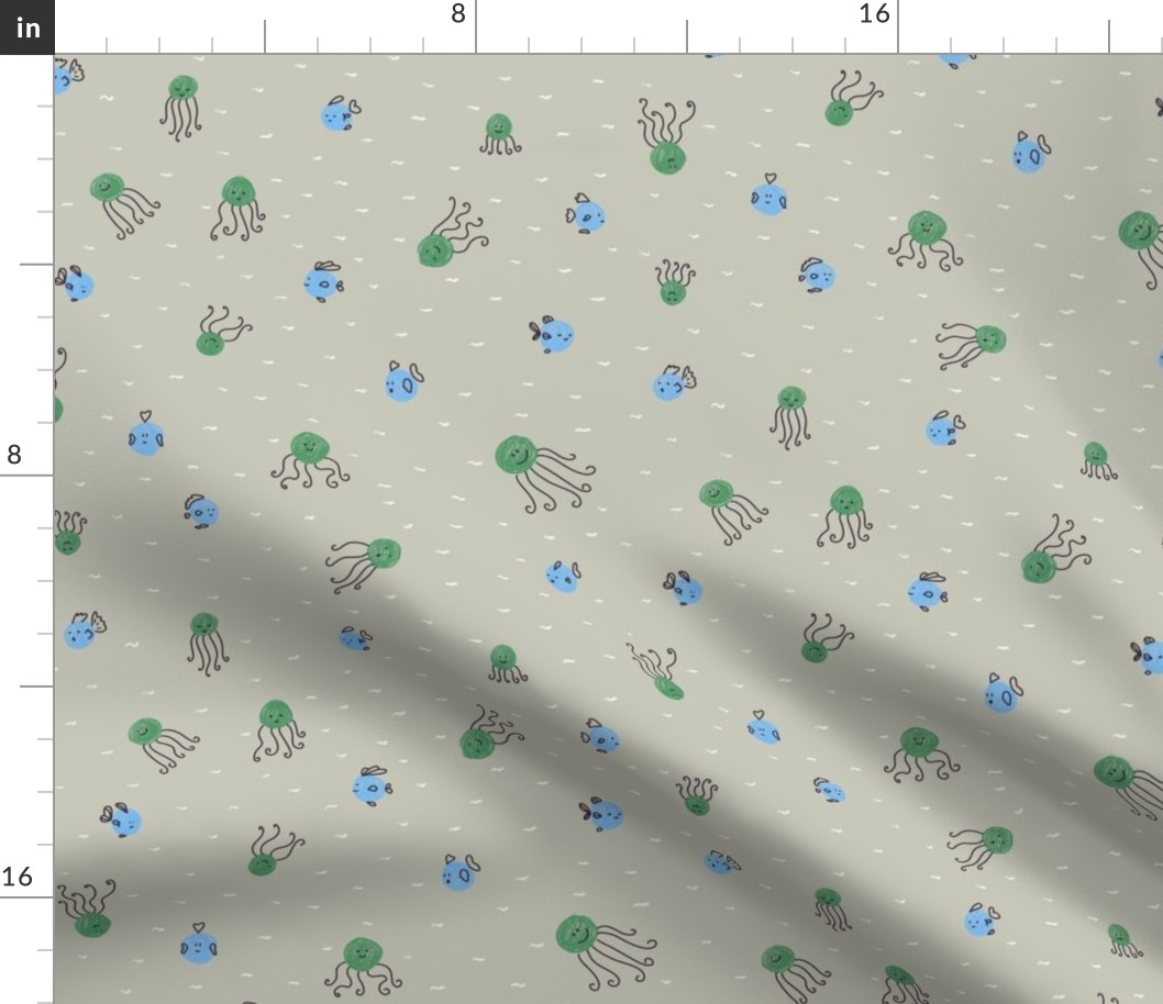 Polka Dots Little Fishes and Squids Doodle | Green and Blue