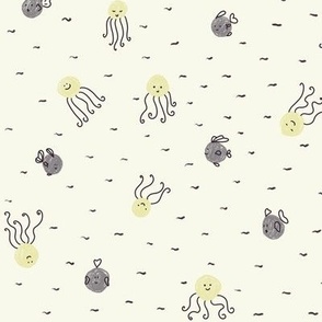 Polka Dots Little Fishes and Squids Doodle | Boho Neutral tones