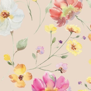 Watercolour Florals Beige Background