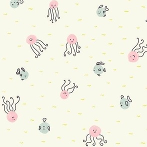 Polka Dots Little Fishes and Squids Doodle | Blush and Mint Green