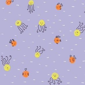 Polka Dots Little Fishes and Squids Doodle | Orange, Yellow and Purple