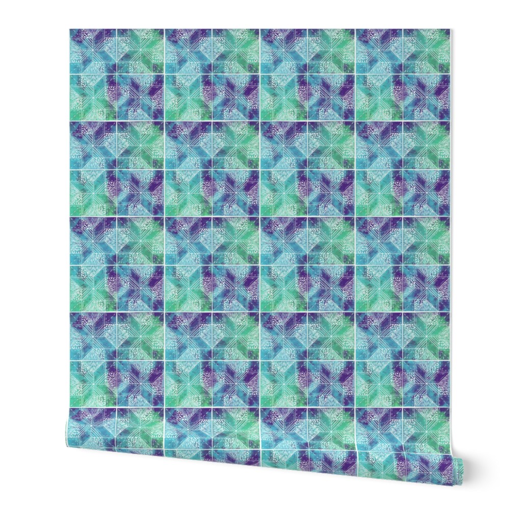 hand-printed teal, blue and purple quilt pattern