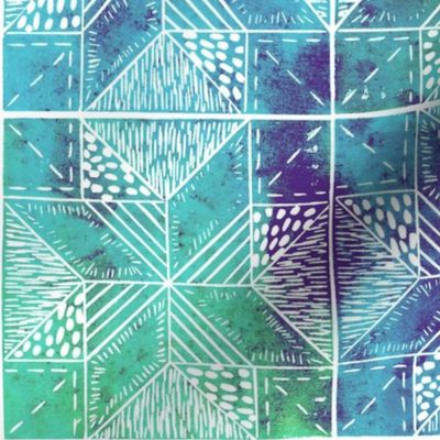 hand-printed teal, blue and purple quilt pattern