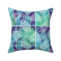 hand-printed teal, blue and purple quilt pattern