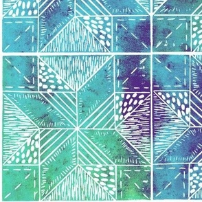 hand-printed teal, blue and purple quilt pattern