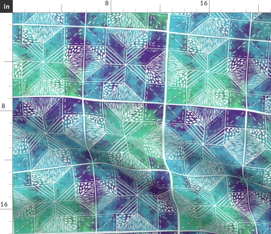 hand-printed teal, blue and purple quilt pattern