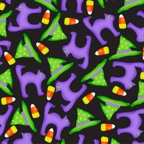 black, green, purple, halloween, decorating, witch hat, cats, candy corn, whimsical, colorful, non-directional, kids,large  Large 12"