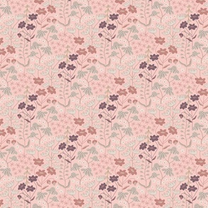 Wildflower Fields Floral Botanical in Dark Mauve Rust Cream Beige on Blush Pink - SMALL Scale - UnBlink Studio by Jackie Tahara