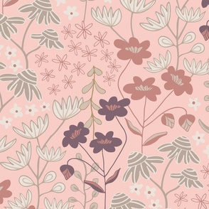 Wildflower Fields Floral Botanical in Dark Mauve Rust Cream Beige on Blush Pink - LARGE Scale - UnBlink Studio by Jackie Tahara