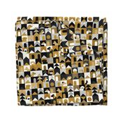 Dog Town Small- Mid Century Modern Patchwork  Dogs- Black- Gold- White- Dog Houses Quilt- Pug- Corgi- Chihuahua