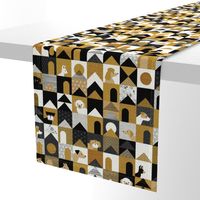Dog Town Small- Mid Century Modern Patchwork  Dogs- Black- Gold- White- Dog Houses Quilt- Pug- Corgi- Chihuahua