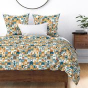 Dog Town Small- Mid Century Modern Patchwork  Dogs- Multicolored- Dog Houses Quilt- Pug- Corgi- Chihuahua