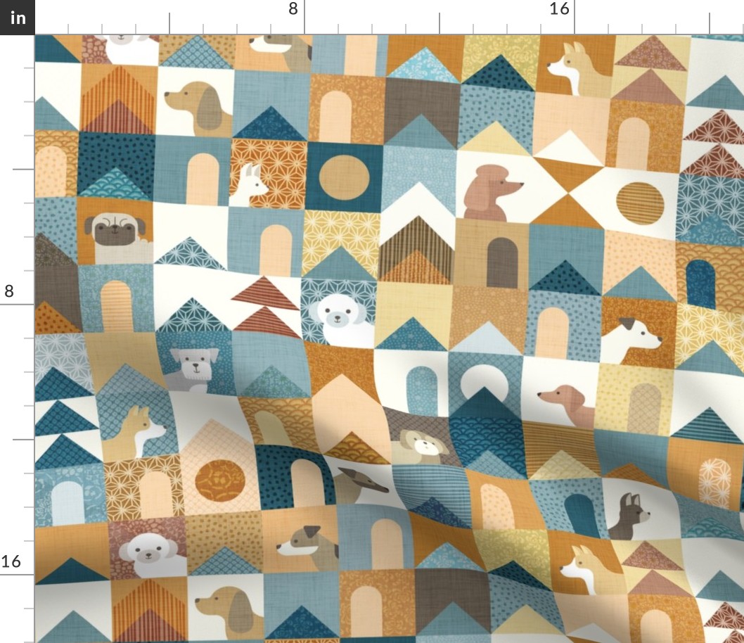 Dog Town Small- Mid Century Modern Patchwork  Dogs- Multicolored- Dog Houses Quilt- Pug- Corgi- Chihuahua