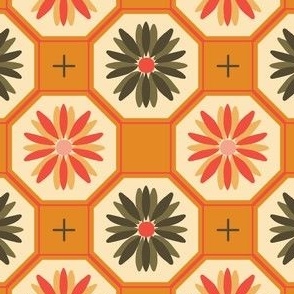 Retro Geometric Floral | Funky Flowers | 70s Vibe | Dark green orange red | Wallflower-geo floral-orange spice-