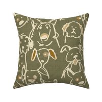 Neutral Pop Doodle Dogs Mid Century Olive, Largest Repeat