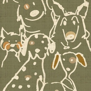 Neutral Pop Doodle Dogs Mid Century Olive, Largest Repeat