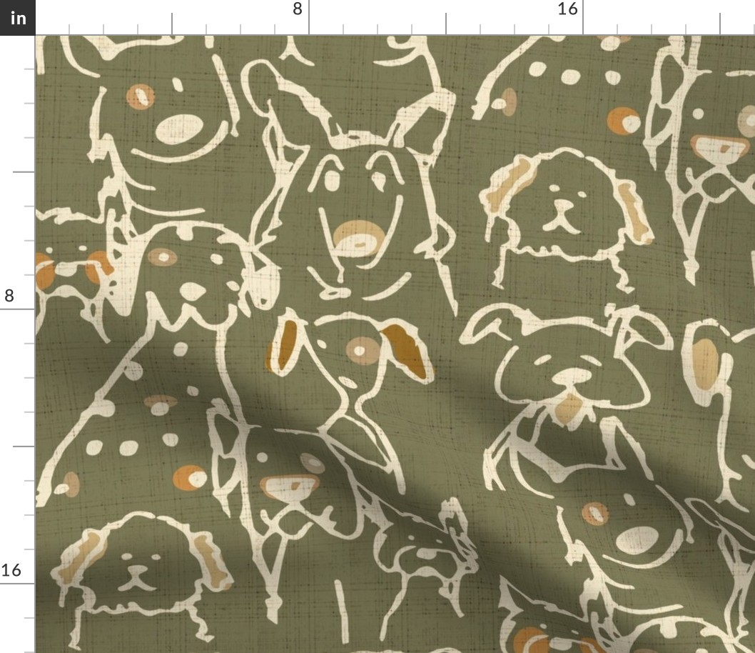 Neutral Pop Doodle Dogs Mid Century Olive, Largest Repeat