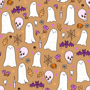 Skull and Ghost Cuties (Large on Tan) 