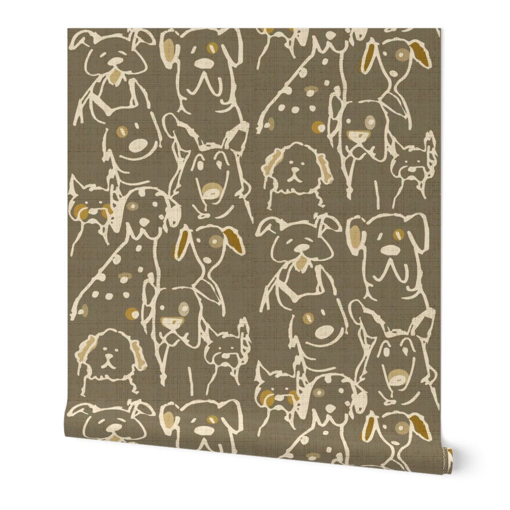 Neutral Pop Doodle Dogs, Mid Century Grey  Largest Repeat