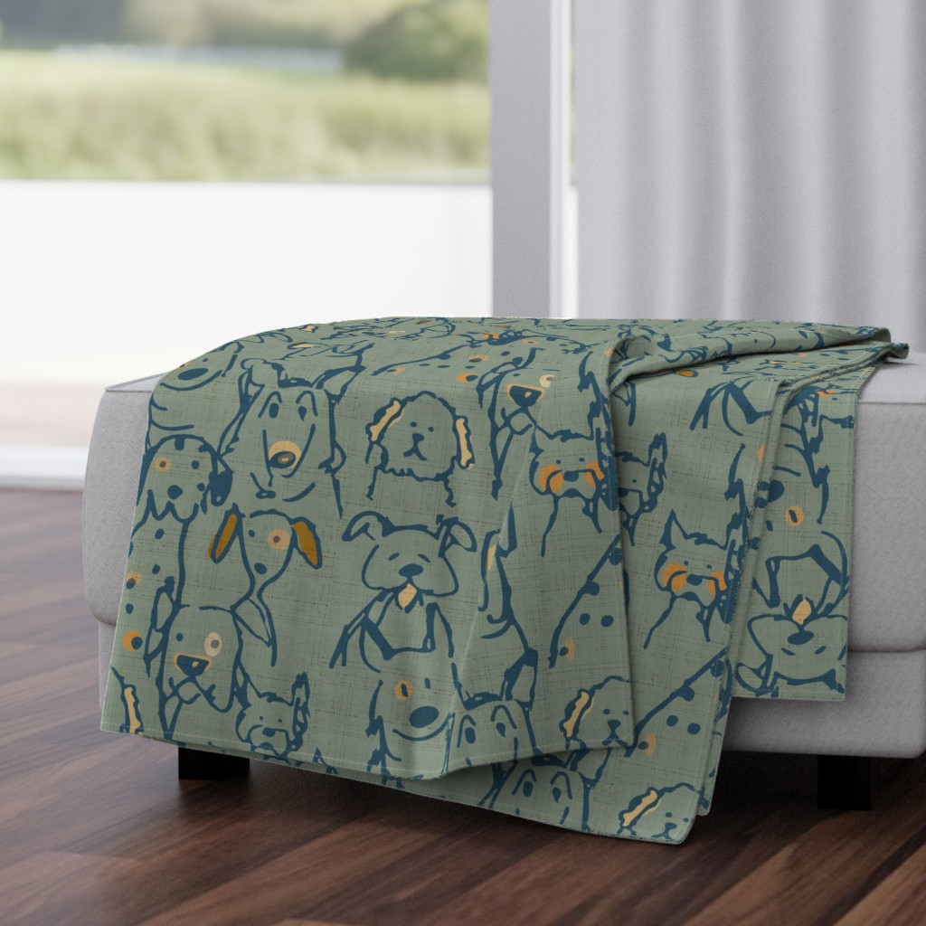 Neutral Pop Doodle Dogs Mid Century Green Blue,  Largest Repeat