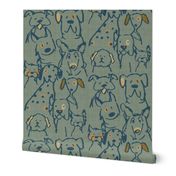 Neutral Pop Doodle Dogs Mid Century Green Blue,  Largest Repeat