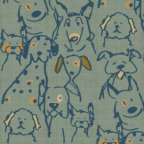 Neutral Pop Doodle Dogs Mid Century Green Blue,  Largest Repeat