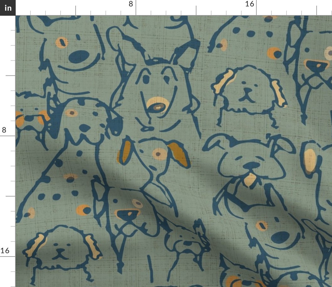 Neutral Pop Doodle Dogs Mid Century Green Blue,  Largest Repeat