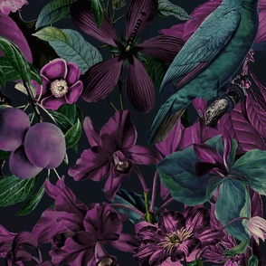 Moody Teal Purple Midnight Jungle Flower And Bird Pattern 