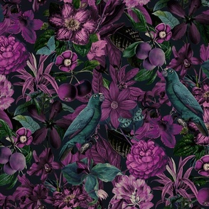 Moody Teal Purple Midnight Jungle Flower And Bird Pattern Smaller Scale