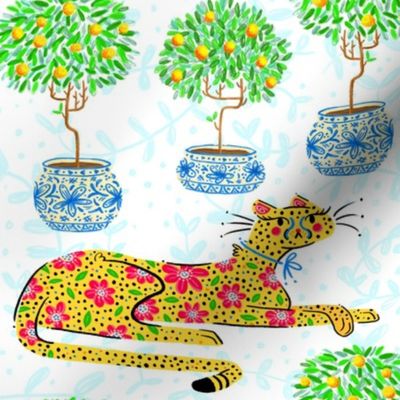 Grandmillennial Preppy Cheetah With Orange Topiary in Blue China Chinoiserie Jardiniere