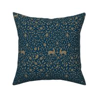 Liberty Christmas in Gold and Blue - Deers, sparrows and floral lines 