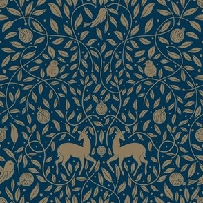 Liberty Christmas in Gold and Blue - Deers, sparrows and floral lines 
