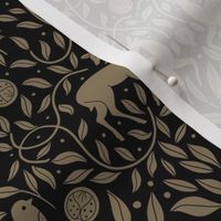 Liberty Christmas in Gold and Black - Deers, sparrows and floral lines 