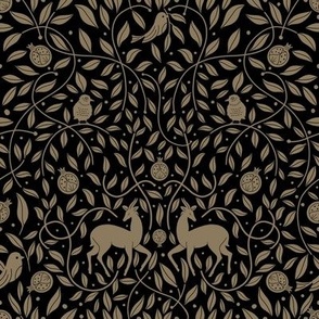 Liberty Christmas in Gold and Black - Deers, sparrows and floral lines 