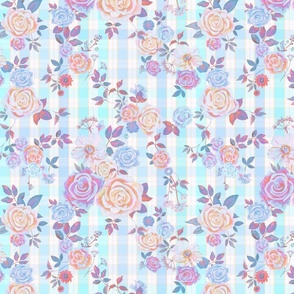 ROSE GARDEN blue gingham check hand painted floral