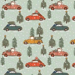Vintage Christmas cars trucks and trees snow | soft mint green  | small 5inch scale 