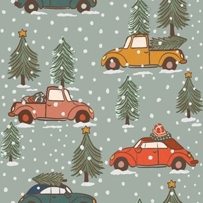Vintage Christmas cars trucks and trees snow | Green grey | medium 8inch scale 