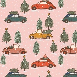 Vintage Christmas cars trucks and trees snow | pink | small 6inch  scale repeat
