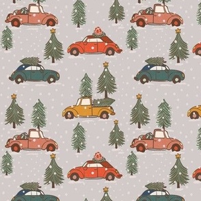 Vintage Christmas cars trucks and trees snow | grey | small 5inch scale 